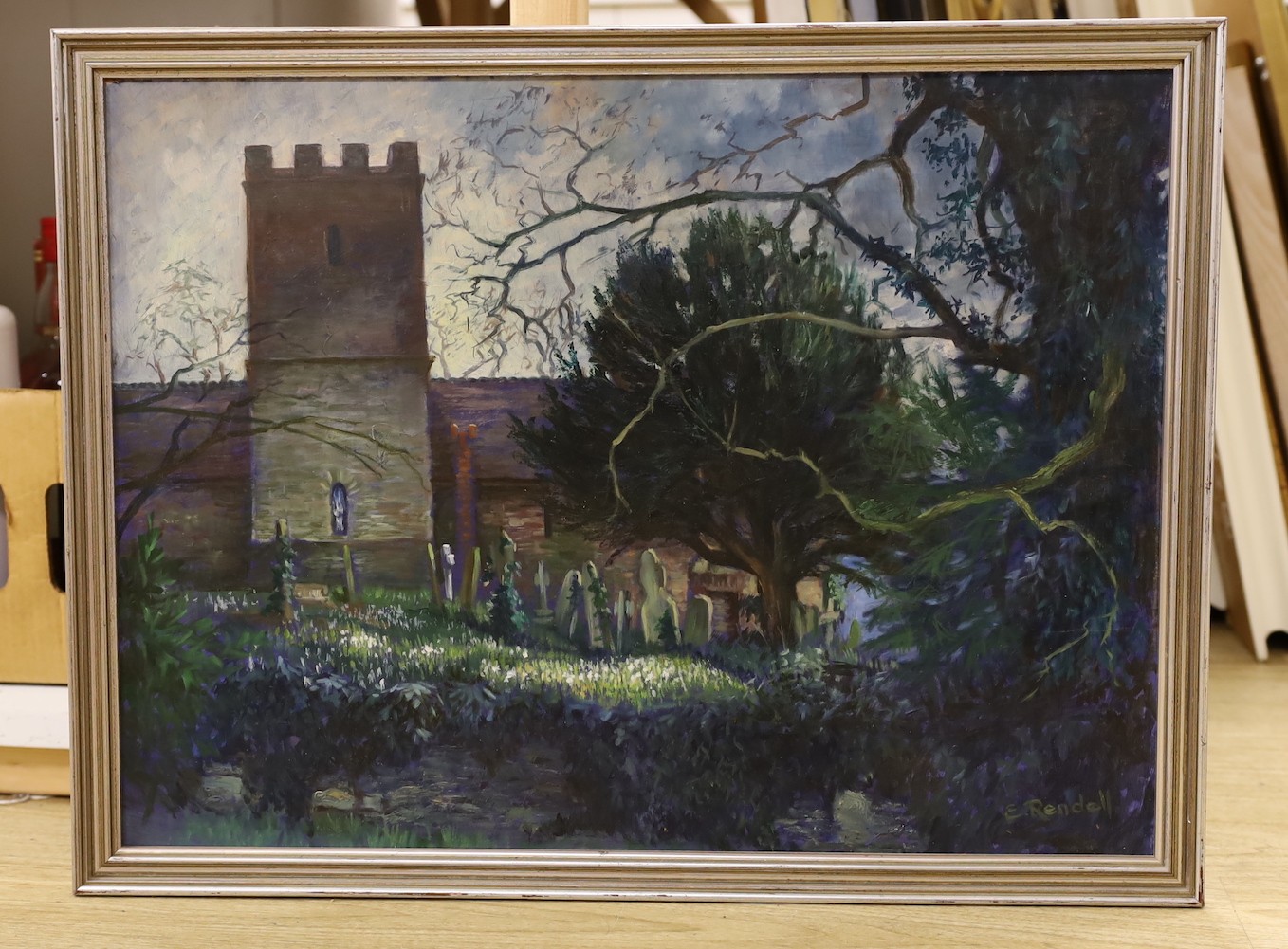 Elizabeth Rendell Kerr, oil on board, 'Bredwardine Church with Kilvert's Grave', signed, 44 x 60cm